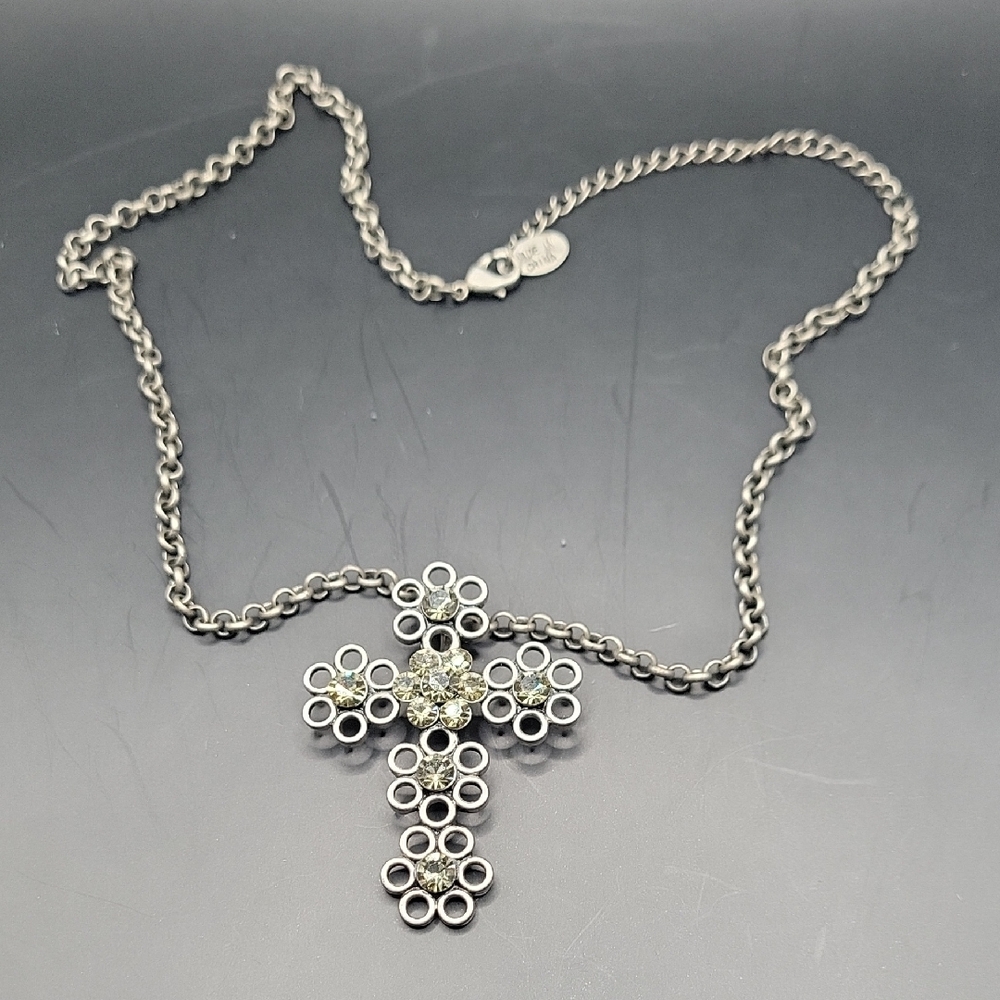 Robert Rose Silver Floral Cross Pendant Necklace with Stones